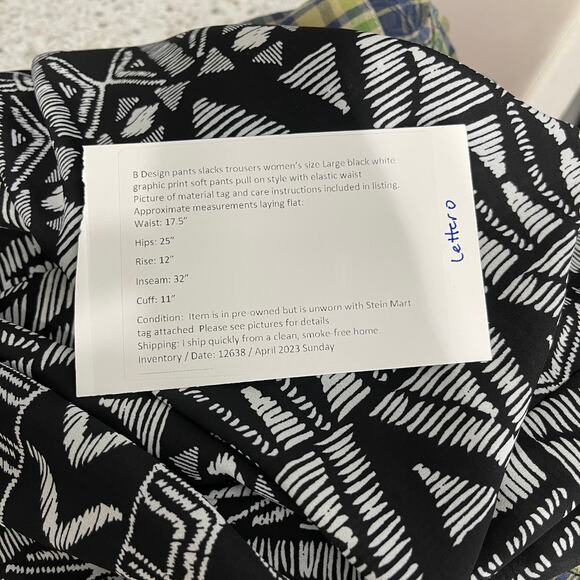 B Design pants women's large slacks soft wide legged pull on black graphic print - Picture 12 of 13